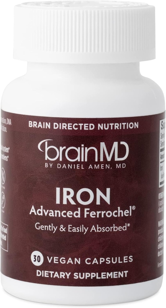 BRAINMD Dr Amen Iron - 30 κάψουλες - Υποστηρίζει την παραγωγή ενέργειας, γνωστική λειτουργία & γονιδιακό κανονισμό - Ευγενής & εύκολα απορροφηθεί - χωρίς γλουτένη - 30 εξυπηρετούν