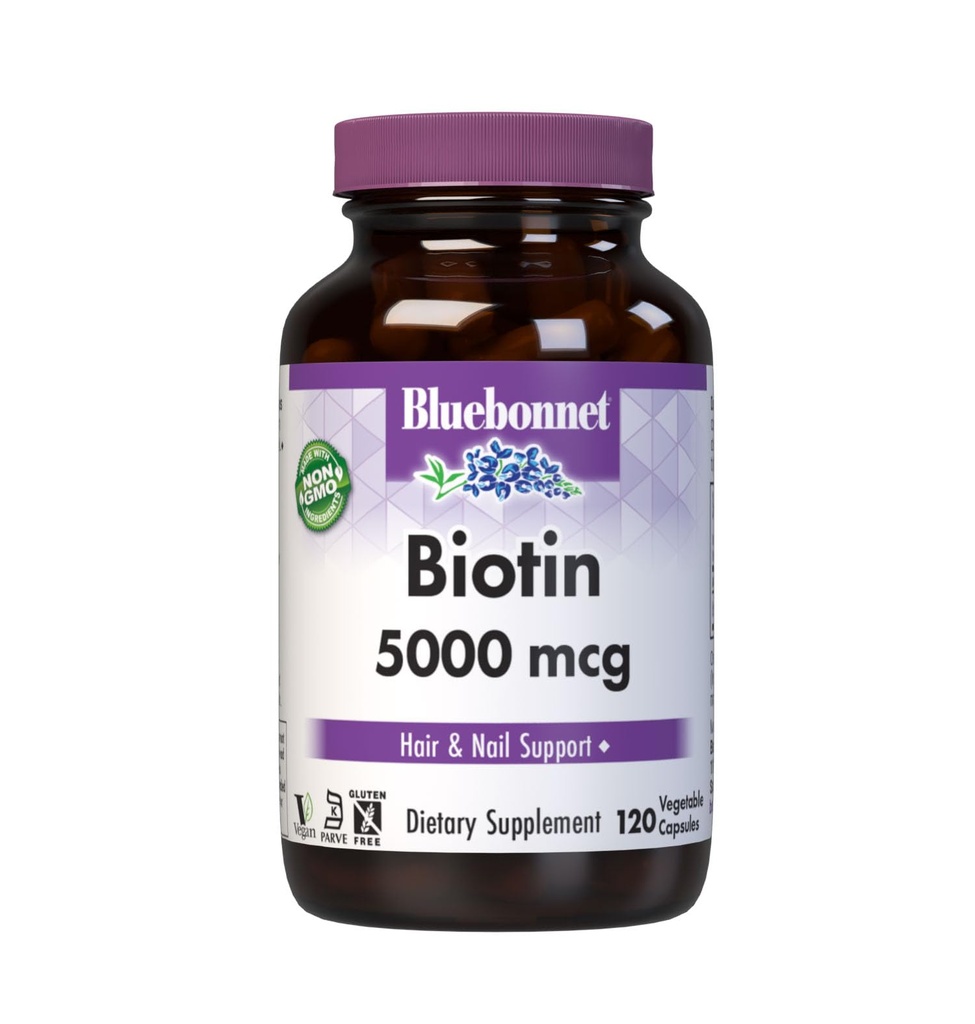 Bluebonnet Διατροφή Biotin 5000 mcg, Hair & Nail Support*, μη-GMO, Vegan, Kosher Πιστοποιημένο, χωρίς γλουτένη, χωρίς σόγια, χωρίς γαλακτοκομικά, 120 κάψουλες λαχανικών, 120 εξυπηρετούν