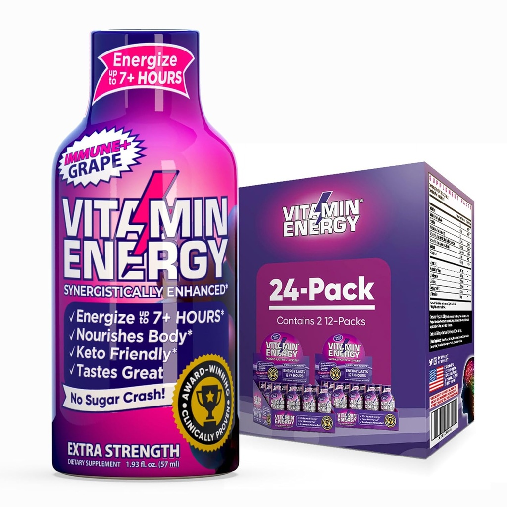 Vitamin Energy Immune+ Extra Strength Energy Shot Grape 24 Pack, 260mg Natural Caffeine, B-Vitamins, Citicoline, Green Tea, Immunity & Focus Support, Zero Sugar, Gluten-Free 1.93 fl oz