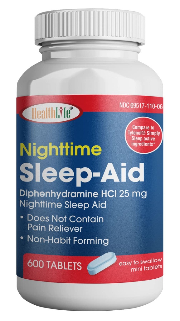 HealthPharma Nighttime Sleep- Aid, Διφαινυδραμίνη HCL Caplets, 25 mg (Blue), 600 Count