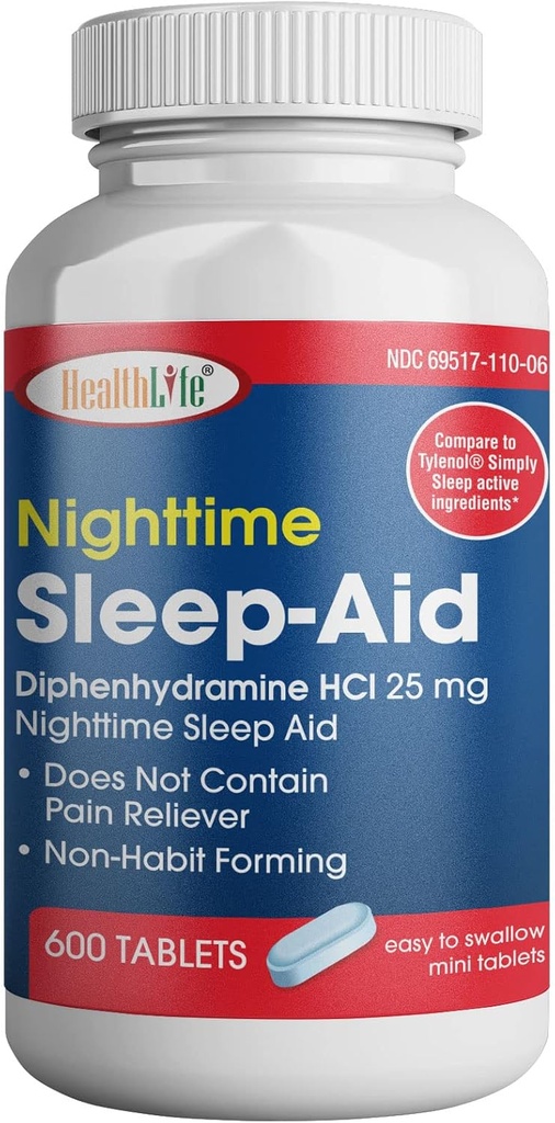 HealthPharma Nighttime Sleep-Aid, Diphenhydramine HCL Caplets, 25 mg (Blue), 600 Count