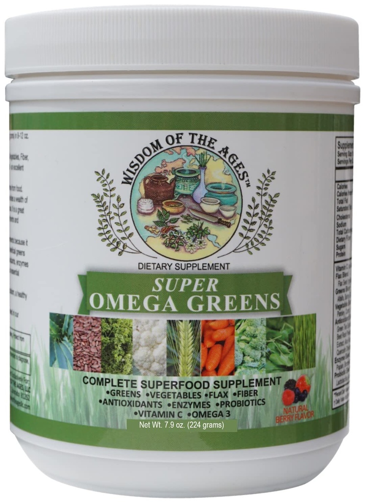 Super Omega Greens Συμπληρώστε το συμπλήρωμα Superfood με τα πράσινα, λαχανικά, flax, ίνες, αντιοξειδωτικά, ένζυμα, προβιοτικά, βιταμίνη C και ωμέγα 3-7.9oz σκόνη