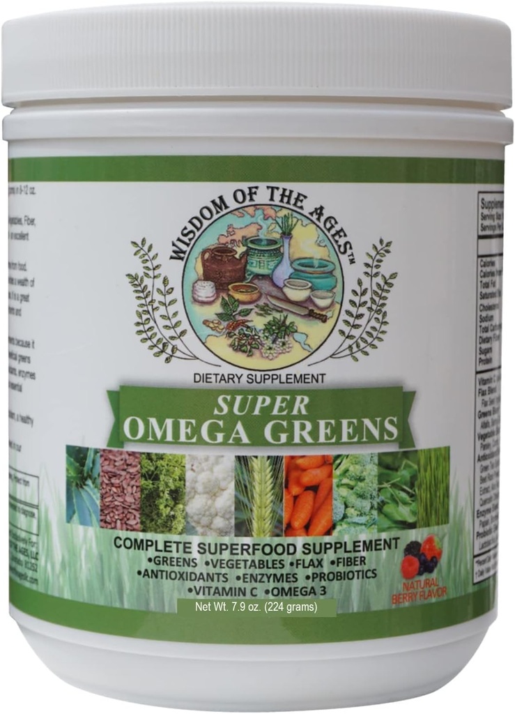 Super Omega Greens Συμπληρώστε το συμπλήρωμα Superfood με τα πράσινα, λαχανικά, flax, ίνες, αντιοξειδωτικά, ένζυμα, προβιοτικά, βιταμίνη C και ωμέγα 3-7.9oz σκόνη