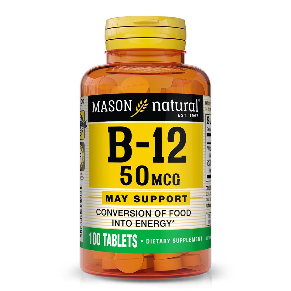 MASON ΦΥΣΙΚΗ Βιταμίνη B12 50 mcg με Ασβέστιο, 100-Day Supply, Συμπλήρωμα Διατροφής για την υποστήριξη των επιπέδων Φυσικής Ενέργειας, 100 Tablets (Pack of 1)