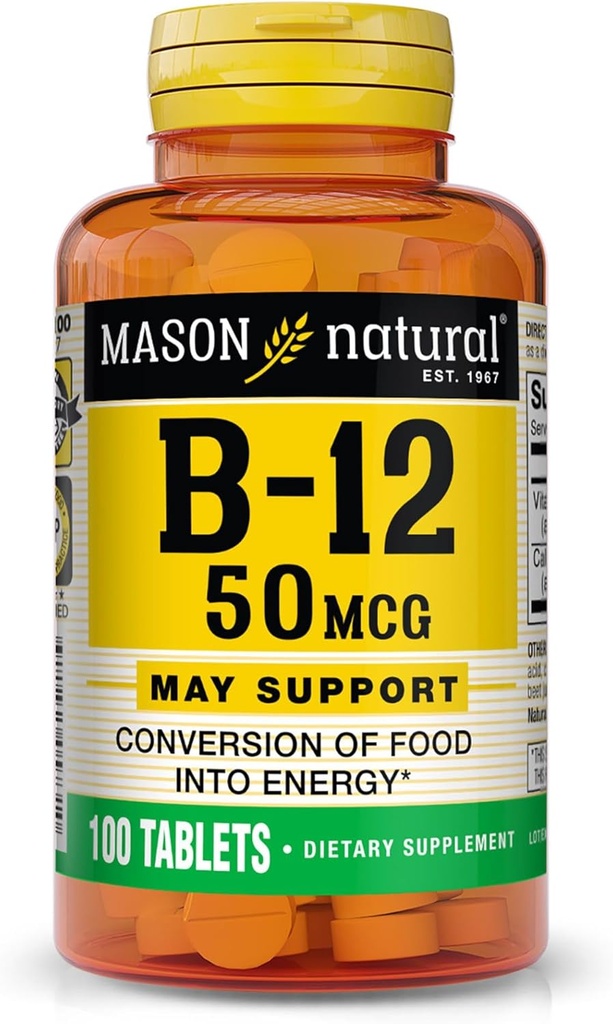 MASON ΦΥΣΙΚΗ Βιταμίνη B12 50 mcg με Ασβέστιο, 100-Day Supply, Συμπλήρωμα Διατροφής για την υποστήριξη των επιπέδων Φυσικής Ενέργειας, 100 Tablets (Pack of 1)