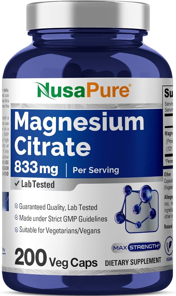 NusaPure Magnesium Citrate 833mg - 200 Veggie Capsules (Vegetarian, Non-GMO, Vegan)