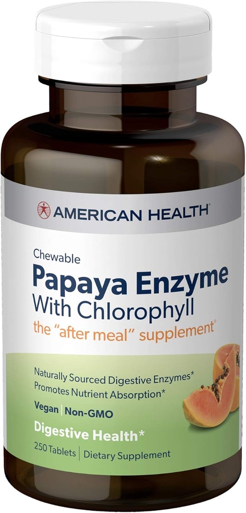 American Health Papaya Enzyme Chewable Tablets - Προάγει τη θρεπτική απορρόφηση, βοηθά στην πέψη και φρεσκάδα αναπνοή με χλωροφυλλέλαιο & πεπερμέντα - χωρίς γλουτένη, χορτοφαγικά - 250 Count