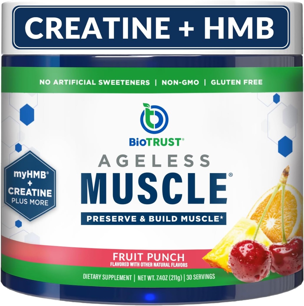 BioTrust Ageless Muscle Builder - Creatine HMB σκόνη με βιταμίνη D3 & Betaine - Κατασκευάστηκε & συντηρεί φυσικά μείωση της μυϊκής μάζας & δύναμης - Punch φρούτων, 30 εξυπηρετούν