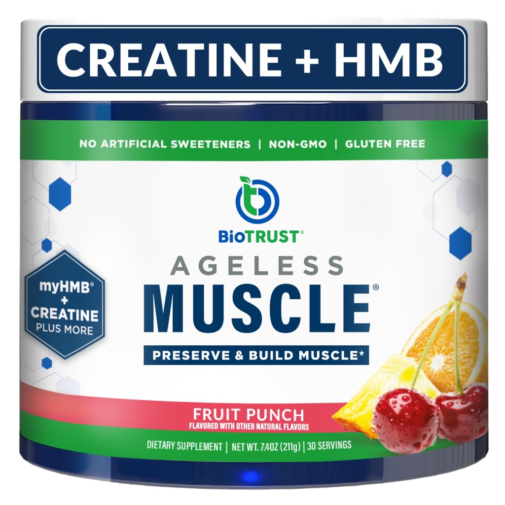 BioTrust Ageless Muscle Builder - Creatine HMB σκόνη με βιταμίνη D3 & Betaine - Κατασκευάστηκε & συντηρεί φυσικά μείωση της μυϊκής μάζας & δύναμης - Punch φρούτων, 30 εξυπηρετούν