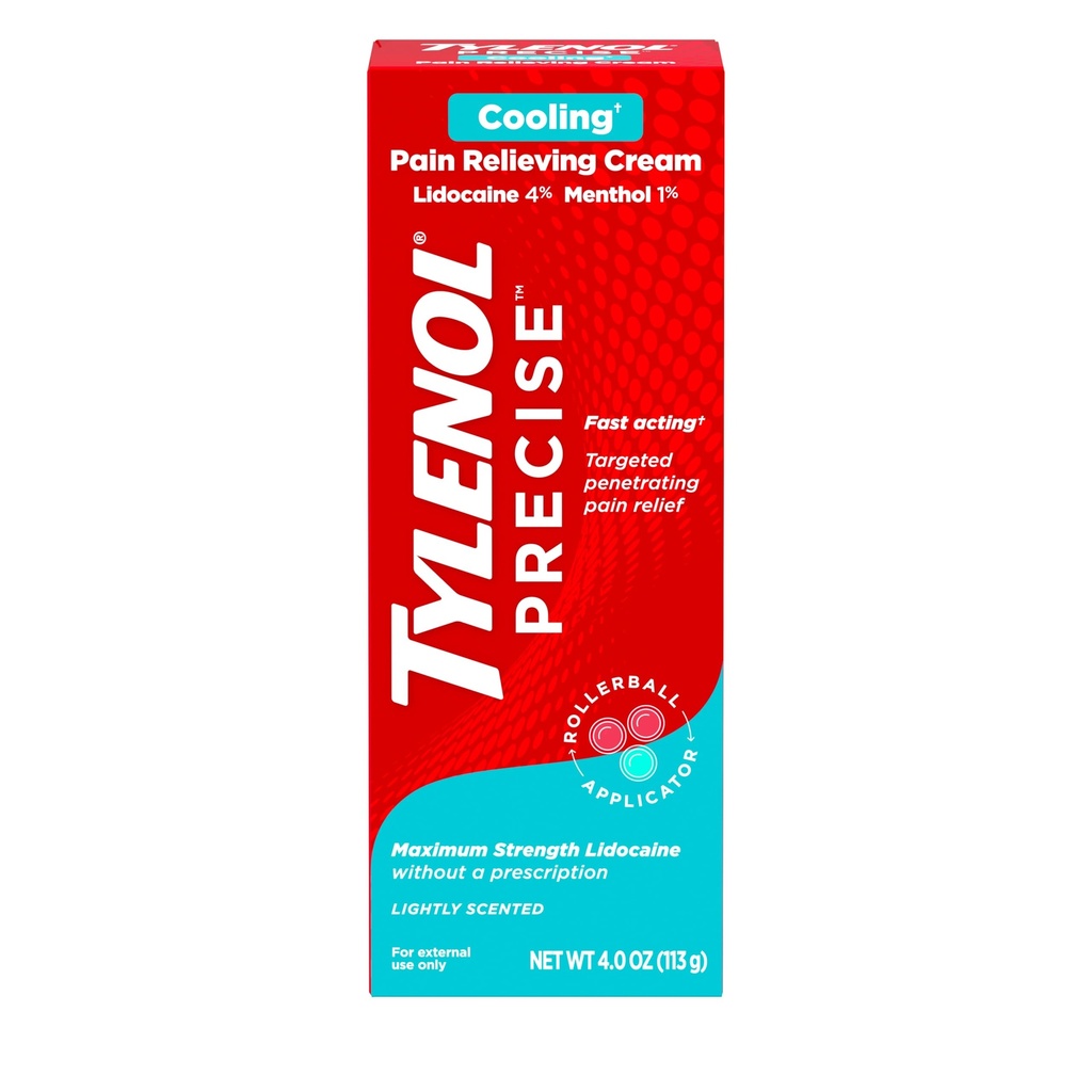 Tylenol Precise Cooling Numbing Cream, Maximum Strength 4% Λιδοκαΐνη & 1% Μενθόλη Topic Analgesic, Pain Relief Cream for Back, Muscle & Joint, Rollerball Applicator, Fast-Active, Light Slead, 4 oz