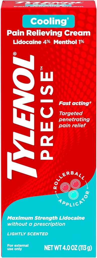 Tylenol Precise Cooling Numbing Cream, Maximum Strength 4% Λιδοκαΐνη & 1% Μενθόλη Topic Analgesic, Pain Relief Cream for Back, Muscle & Joint, Rollerball Applicator, Fast-Active, Light Slead, 4 oz