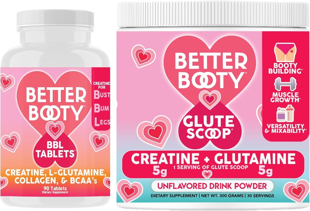 Angry Supplements Better Booty Women's Creatine Combo: BBL Tablets (90ct) w. Creatine, Glutamine, BCAA's, Collagen + Glute Scoop Creatine & Glutamine Unflavored Drink Mix