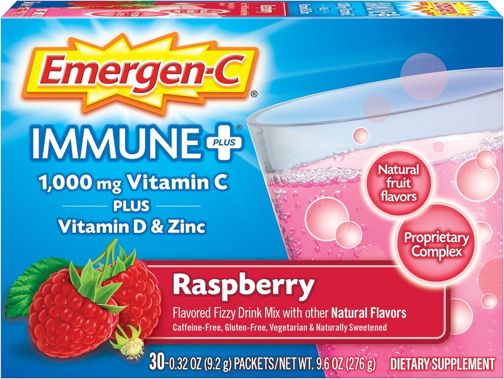 Emergen-C Ανοσοποιητικό+ 1000mg Βιταμίνη C σε σκόνη, με βιταμίνη D, ψευδάργυρο, αντιοξειδωτικά και ηλεκτρολυτικά για την ανοσία, συμπλήρωμα διατροφής υποστήριξης του ανοσοποιητικού, άρωμα σμέουρων - 30 Count/1 Μήνας προσφοράς