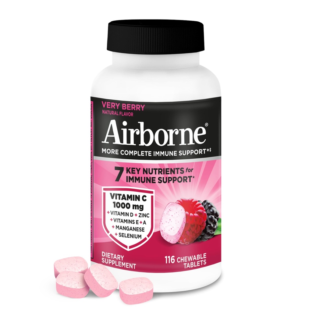 Airborne Vitamin C 1000mg (ανά υπηρεσία) - Πολύ Berry Μασώμενα Δισκία (116 Μετρήστε σε ένα μπουκάλι), Συμπλήρωμα Ανοσολογικής Υποστήριξης χωρίς γλουτένη, με Βιταμίνες A C E, Ψευδάργυρο, Σελήνιο, Τζίντζερ, Αντιοξειδωτικά