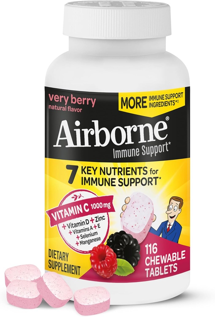 Airborne Vitamin C 1000mg (ανά υπηρεσία) - Πολύ Berry Μασώμενα Δισκία (116 Μετρήστε σε ένα μπουκάλι), Συμπλήρωμα Ανοσολογικής Υποστήριξης χωρίς γλουτένη, με Βιταμίνες A C E, Ψευδάργυρο, Σελήνιο, Τζίντζερ, Αντιοξειδωτικά