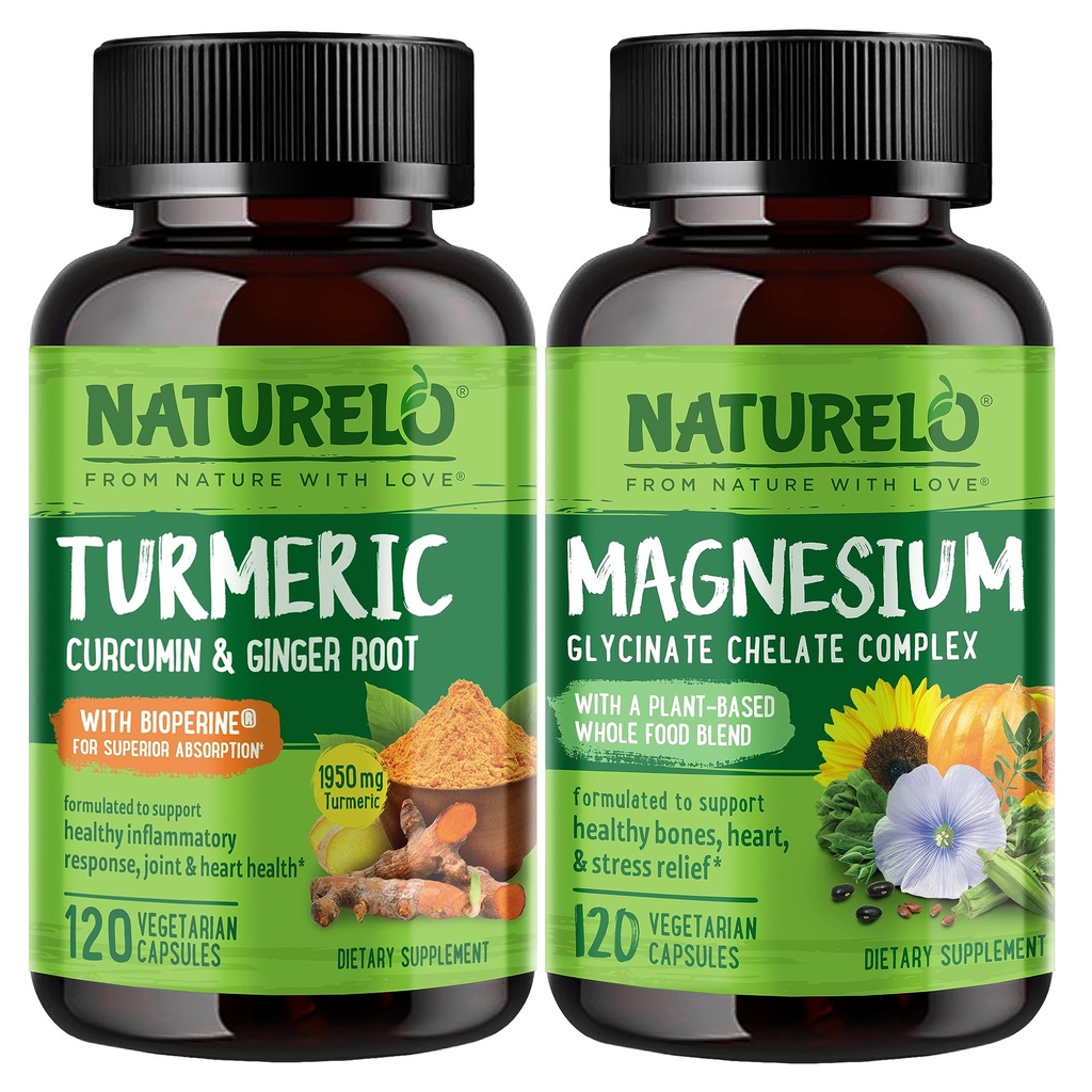 NATURELO Tumeric Curcumin, Κοινή Υποστήριξη με βάση το φυτό, Γλυκινικό μαγνήσιο, 200 mg Μαγνήσιο - Χωρίς γλουτένη, Μη ΓΤΟ - 120 κάψουλες