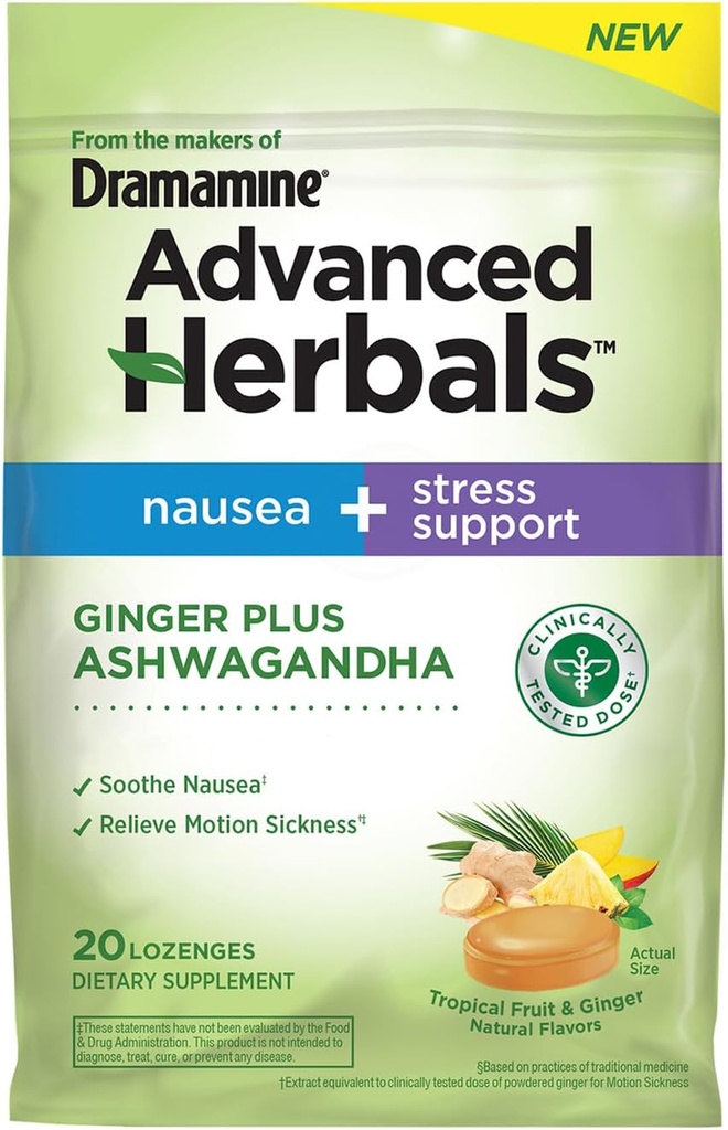 Από τους Κατασκευαστές της Δραμαμίνης, Advanced Herbals Ginger & Ashwagandha Lozenges, για Ναυτία Ανακούφιση & Στρες Υποστήριξη, Τροπικά Φρούτα και Ginger Γεύση, 20 Count