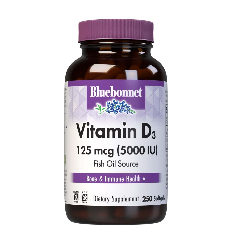Διατροφή Bluebonnet Βιταμίνη D3 5000 IU Softgels, Βοηθήματα στη μυϊκή και σκελετική ανάπτυξη, Χοληκαλσιφερόλη από ιχθυέλαιο, μη ΓΤΟ, Χωρίς γλουτένη, Χωρίς σόγια, Χωρίς γαλακτοκομικά, Κίτρινο, 250 Softgels