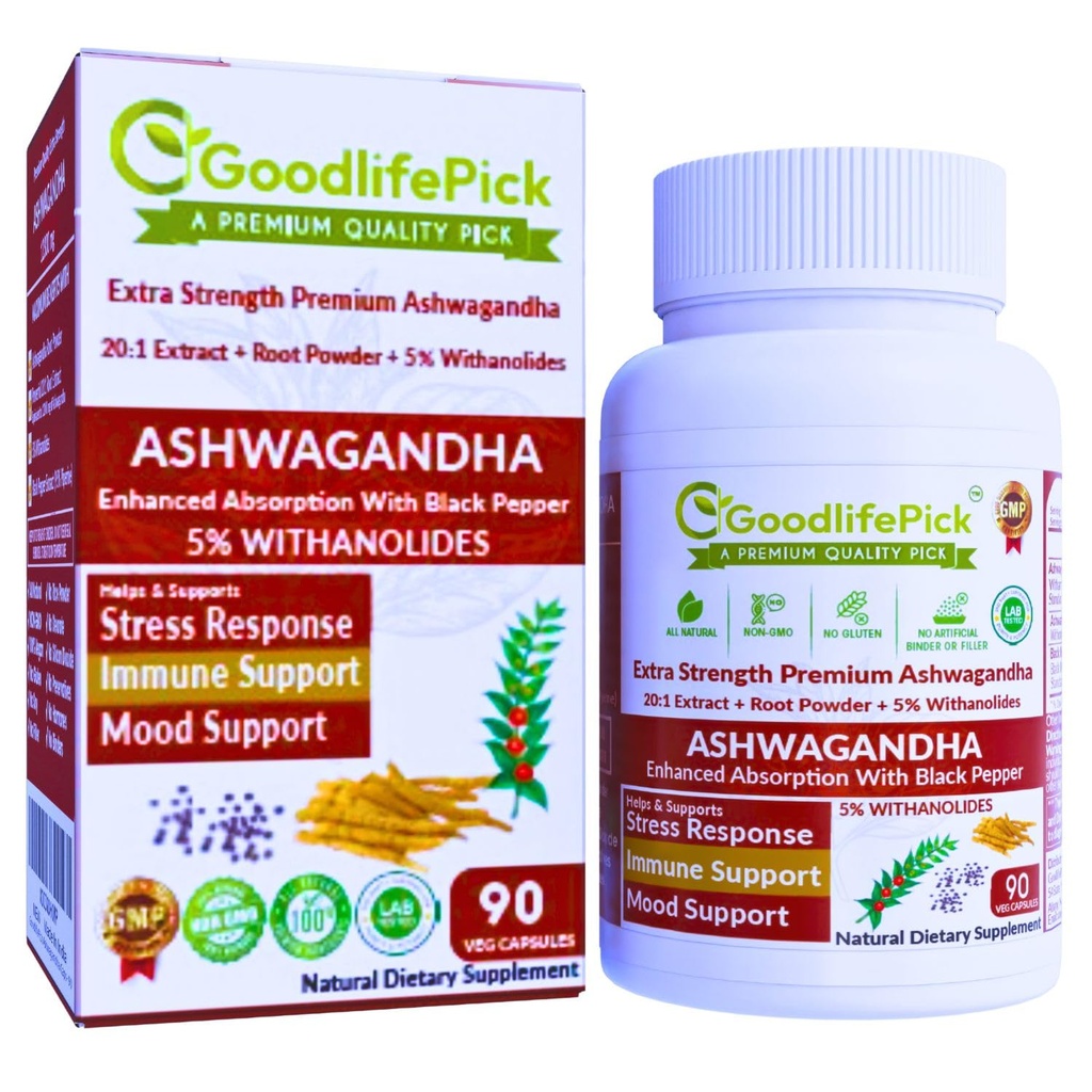 Premium Ashwagandha Capsules with Black Pepper. Powerful 5% Wthanolides from Ashwagandha Powder & 20:1 Extract 90 ct. Natural NonGMO NO Rice Powder NO Filler