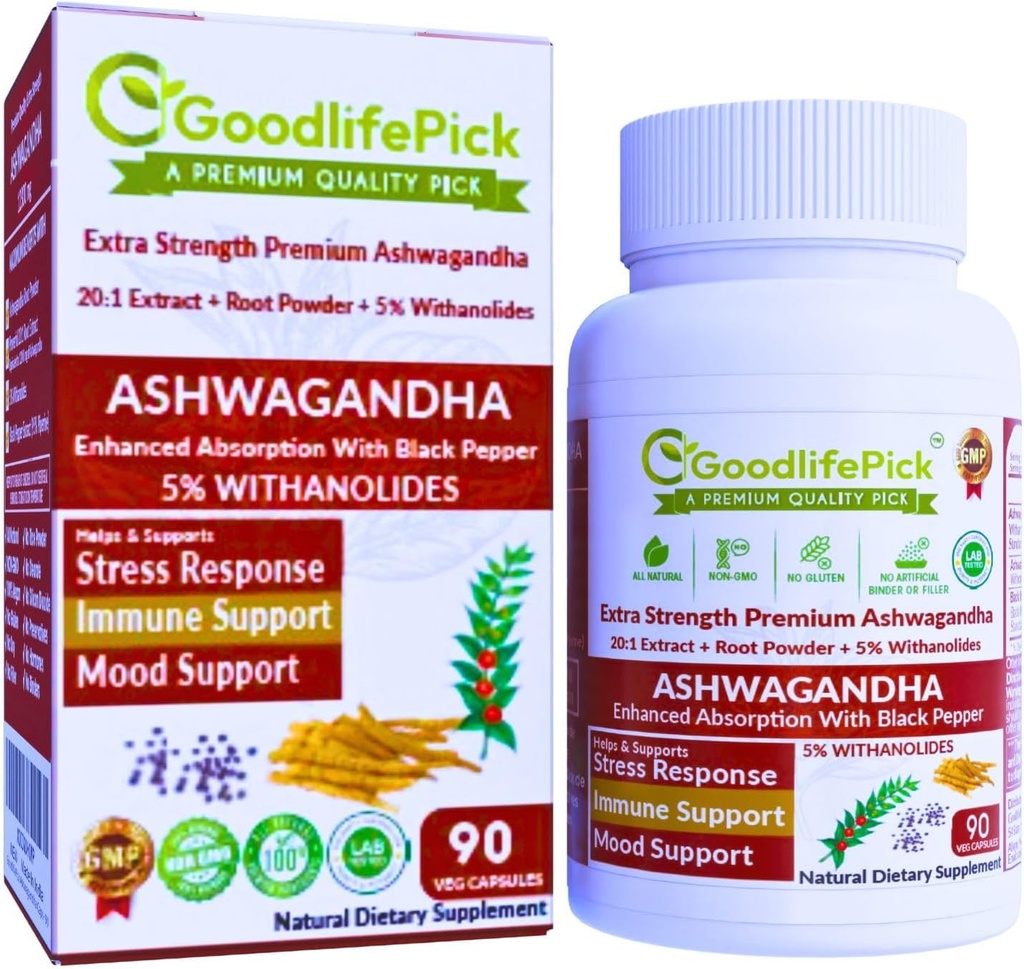Premium Ashwagandha Capsules with Black Pepper. Powerful 5% Wthanolides from Ashwagandha Powder & 20:1 Extract 90 ct. Natural NonGMO NO Rice Powder NO Filler