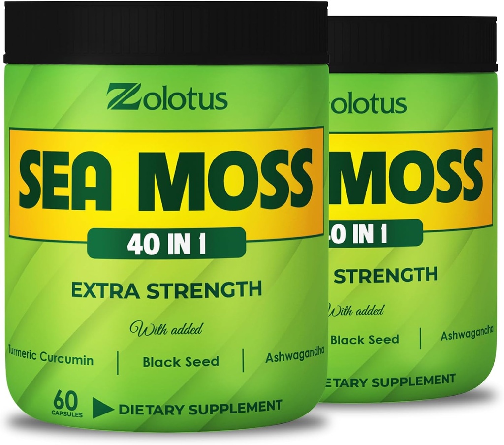 Zolotus (2 συσκευασίες 60 κάψουλες Sea Moss συμπλήρωμα 40 σε 1, με Turmeric Κουρκουμίνη, Ashwagandha Root, Bladderwrack για το ανοσοποιητικό σύστημα, ισορροπία σώματος και την υγεία της καρδιάς