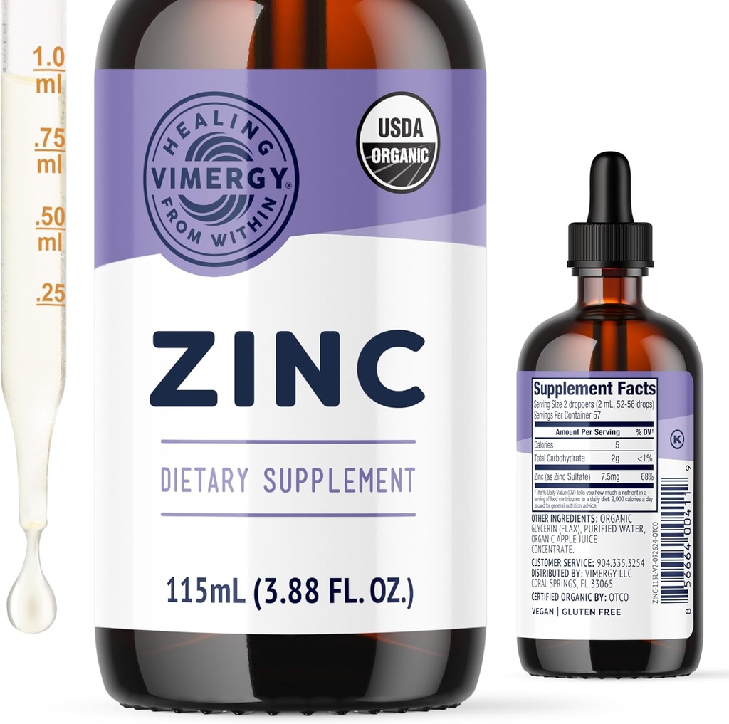 Vimergy Organic Zinc Συμπληρώματα για γυναίκες και άνδρες (7.5mg Liquid Zinc Per Serving) Γρήγορη απορρόφηση ανοσοποιητική υποστήριξη, προωθεί υγιή οστά & δέρμα, USDA Certified Organic, Vegan, έως 57 εξυπηρετούν (115 mL)