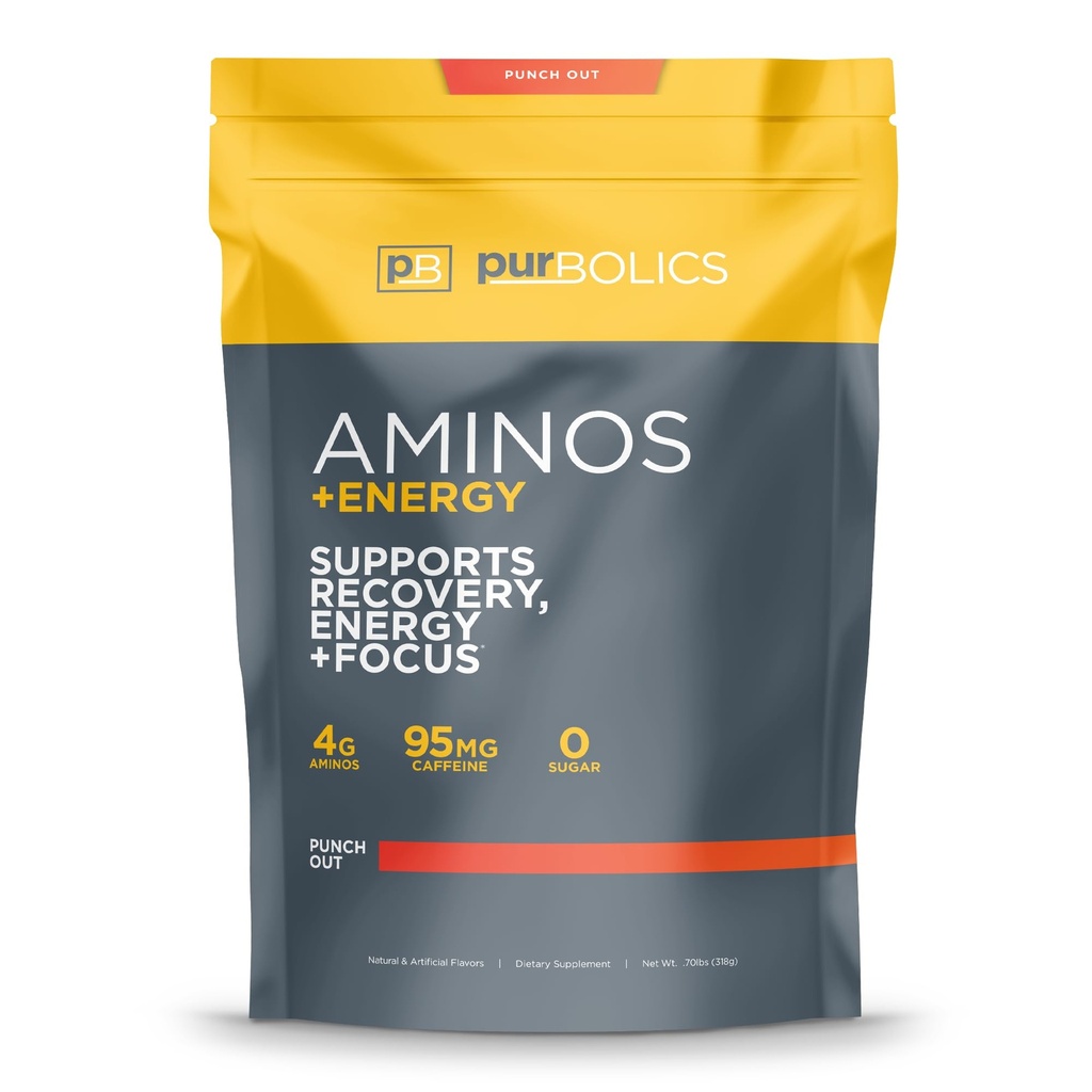 Purbolics Aminos + Energy | Supports Recovery, Energy & Focus | 95mg of Caffeine, 0 Sugar & 60 Servings (Punch Out)