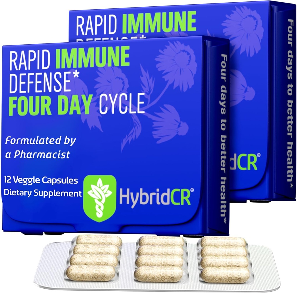 HybridCR Rapid Immune Support Supplement – 4 Day Immunity Supplement - Immune Defense Booster με Echinacea, Ginseng, Andrographis, Zinc, Selenium – Υποστήριξη Συστήματος Ταξιδιών – 24 Caps, 2 Dose Packs