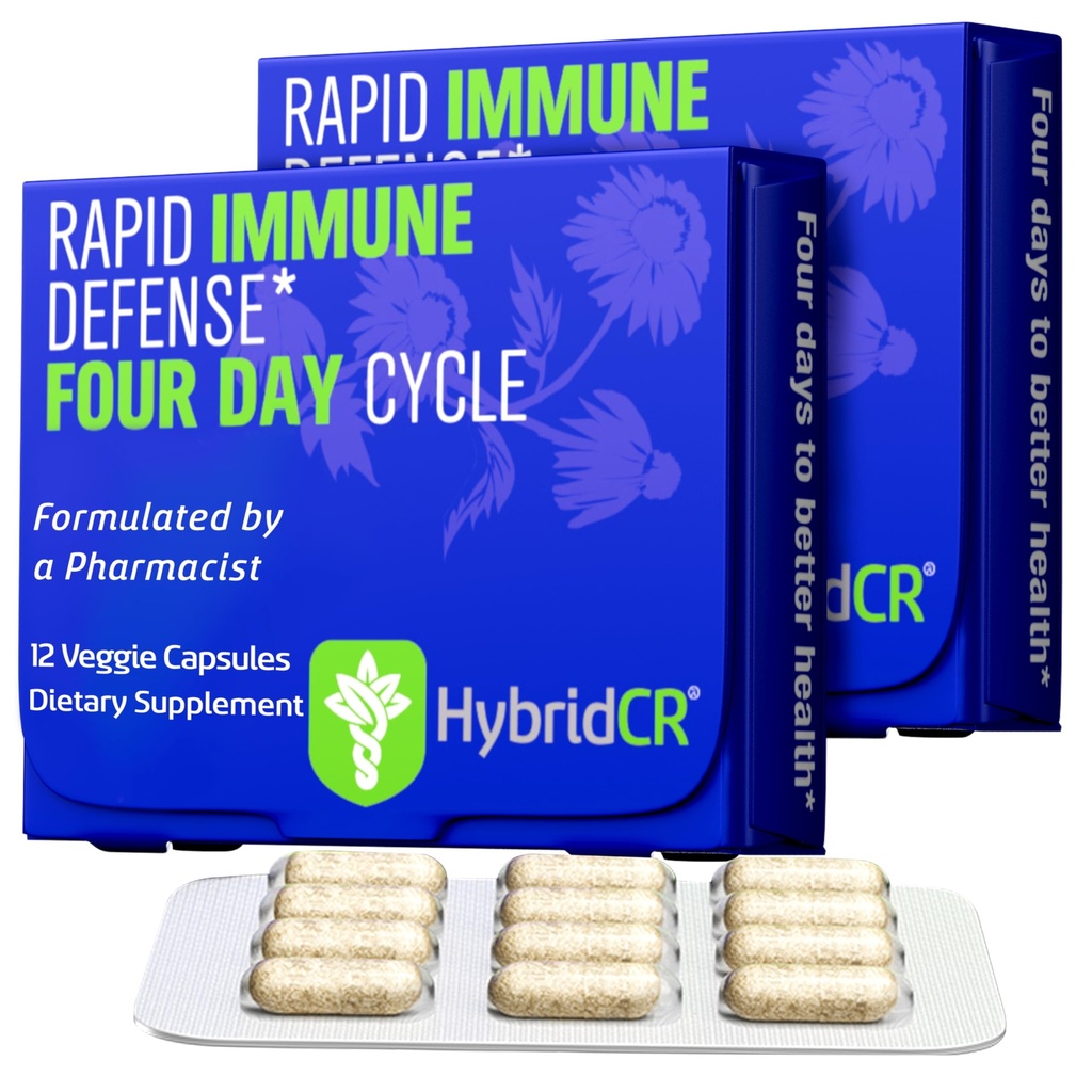 HybridCR Rapid Immune Support Supplement – 4 Day Immunity Supplement - Immune Defense Booster with Echinacea, Ginseng, Andrographis, Zinc, Selenium – Travel Size System Support – 24 Caps, 2 Dose Packs