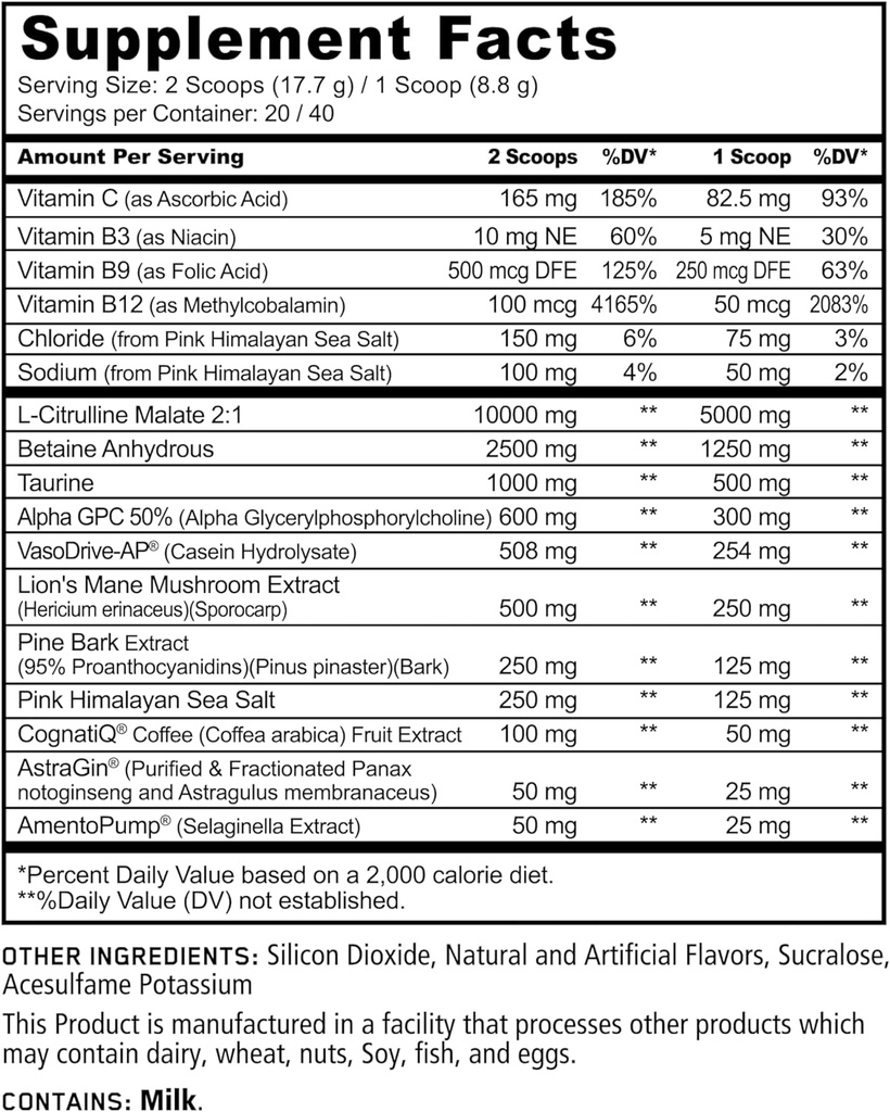 Underground Bio Labs Panda Supps Pump, Pre-Workout, No-Clump Formula w/10G L-Citrulline Malate, Alpha GPC, Lions Mane, CognatiQTM, VasoDrive-AP® 40 Scoops (BlackBerry Lime)