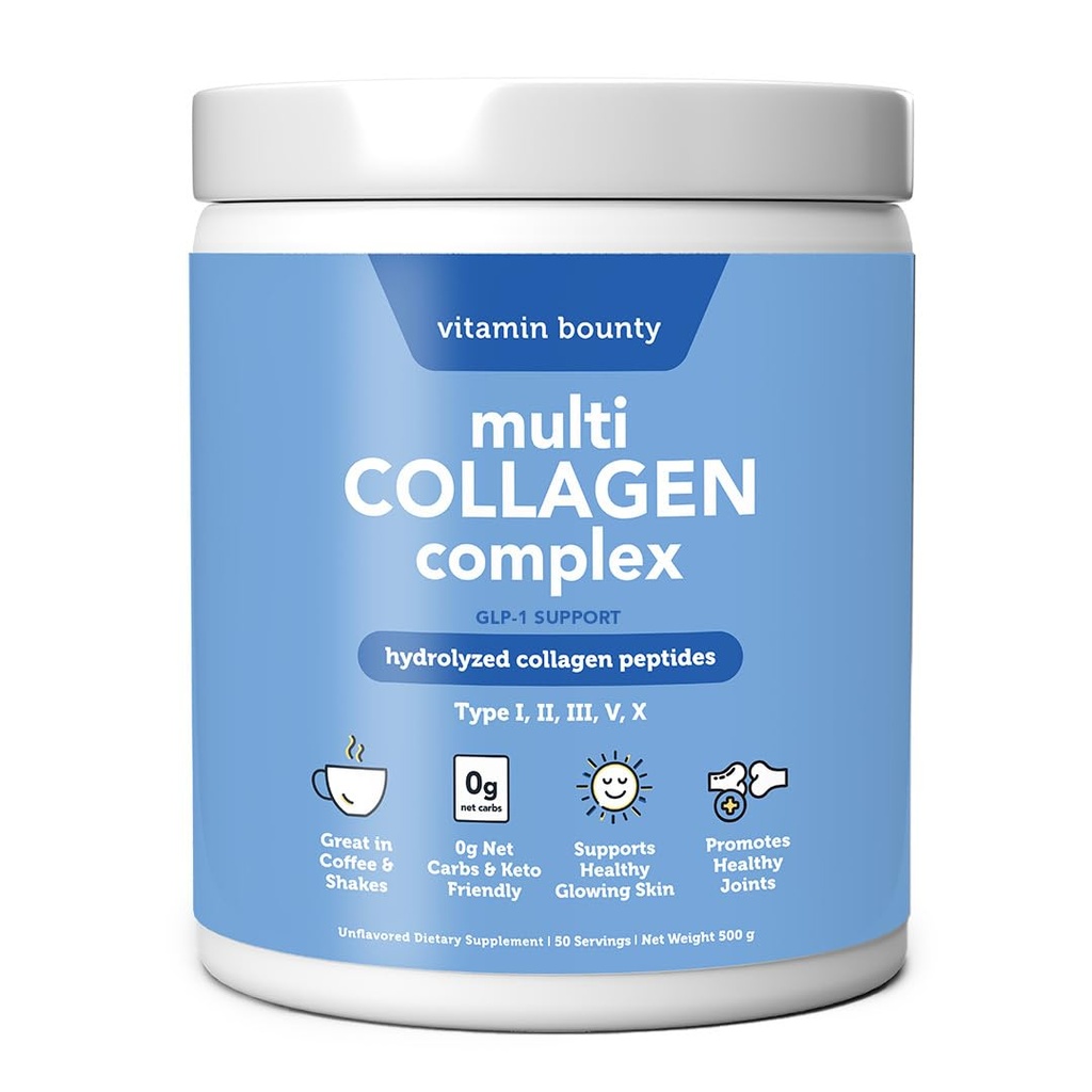 Vitamin Bounty Multi Collagen Complex - Hydrolyzed Collagen Peptides Τύποι I, II, III, V & X - Υποστηρίζει την ελαστικότητα του δέρματος, κοινή υγεία, μαλλιά και ανάπτυξη νυχιών - 50 Υπηρεσίες