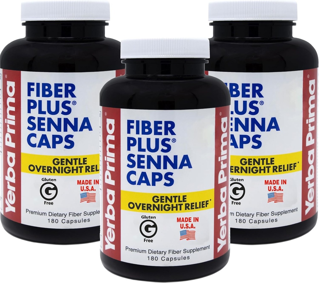 Yerba Prima Fiber Plus Senna Κάψουλες, 180 Count (3 Pack) - Απαλό Overnight Relief, USA Made, Μη ΓΤΟ, Χωρίς γλουτένη