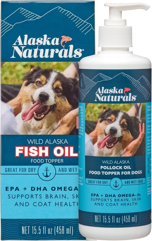 Alaska Naturals Wild Alaskan Fish Oil Supplement for Dogs Skin and Coat with EPA DHA Omega 3 Fatty Acids Sustainable Liquid Food Topper 15.5 oz. Pump