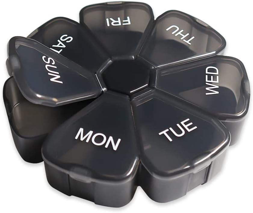 Weekly Pill Organizer, Medicine Organizer, 7 Day Pill Holder, Travel Pill Case (Black)