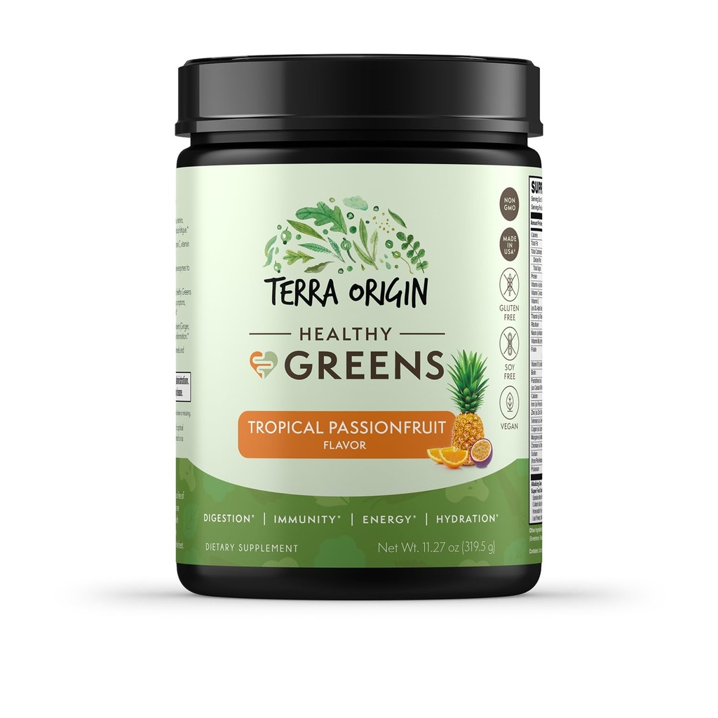 TERRA ORIGIN Healthy Greens Powder Supplement | Superfood Digestive Enzyme & Probiotic Blends | Immune, Gut, and Digestive Support for Women | Tropical Passion Fruit (30 Servings)