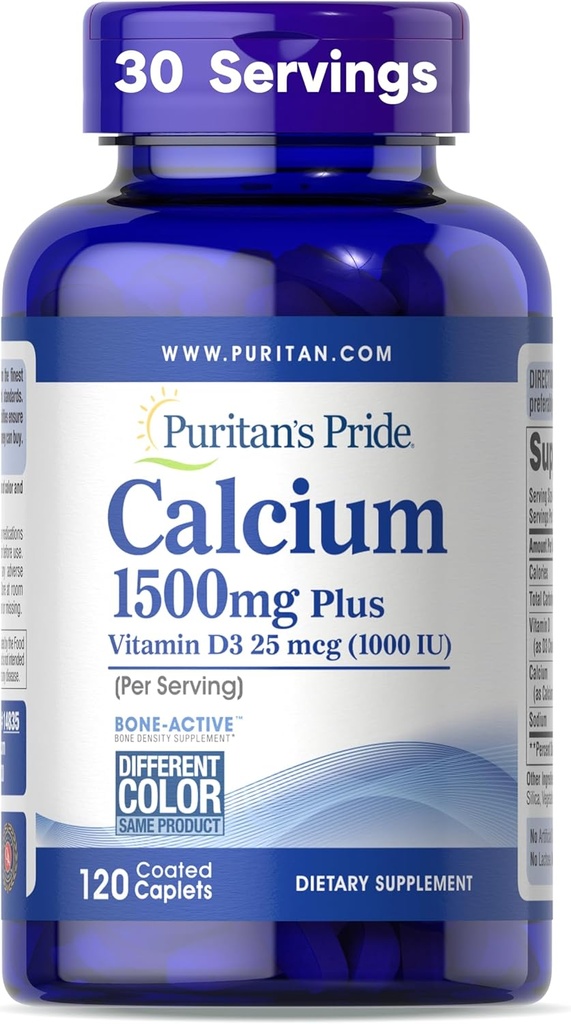 Puritan's Pride Απορροφήσιμο Ασβέστιο 1500 mg Plus Βιταμίνη D3 25mcg 1000 IU, Συμπλήρωμα διατροφής για την Οστική Δύναμη, την Καρδιά, τα Νερά, τους Μυς και την Ανοσοποιητική Υποστήριξη, 120 Καλύμματα