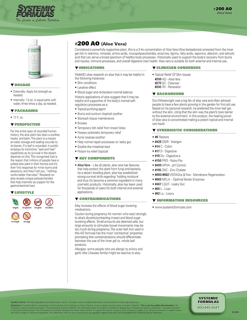 Συστηματικές Φόρμουλες Aloe Vera #200-16 oz Premium Βαθμός για την Digestive Υγεία και Ευεξία - Pure Aloe Vera Extract