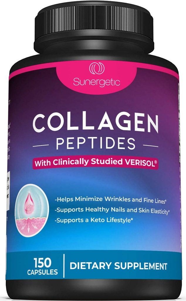 Κάψουλες Sunergetic Premium Collagen Peptides – 2500 mg VERISOL Collagen Peptides Type 1 & Type 3 – Multi Collagen Supplement to support Joint Health, Hair, Skin & Nails – 150 Collagen Capsles