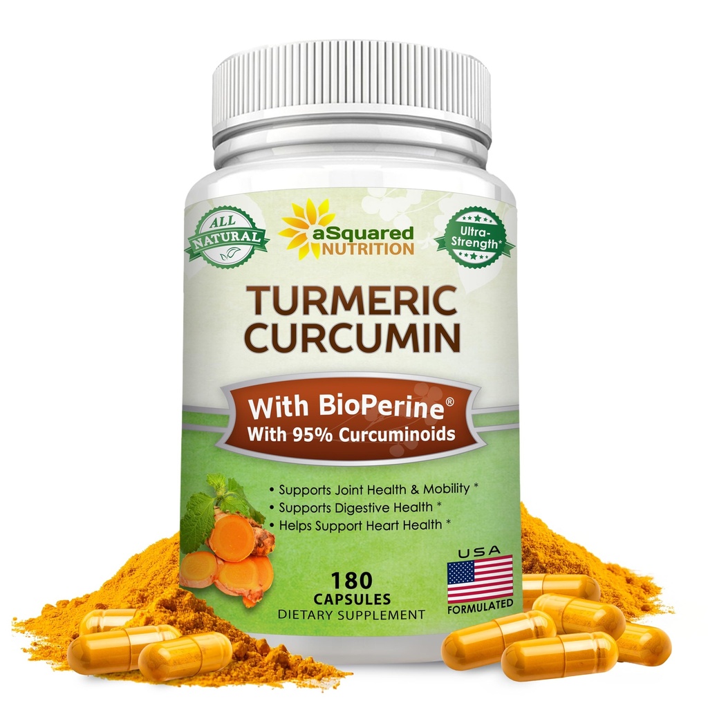 aSquared Nutrition Turmeric Curcumin 1300mg με BioPerine Black Pepper Extract - 180 κάψουλες - με 95% Curcuminoids, 100% Natural Tumeric Root Powder Supplements, Pure & Joint Stiffness Pills