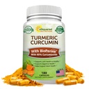 aSquared Nutrition Turmeric Curcumin 1300mg με BioPerine Black Pepper Extract - 180 κάψουλες - με 95% Curcuminoids, 100% Natural Tumeric Root Powder Supplements, Pure & Joint Stiffness Pills