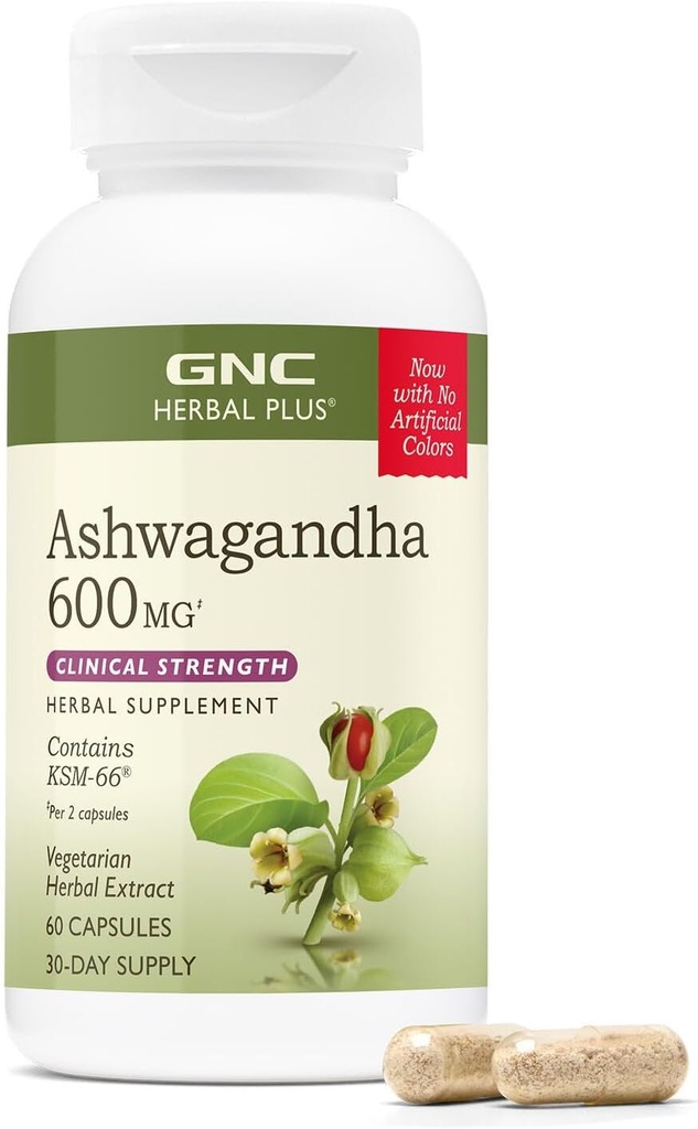 GNC Herbal Plus Ashwagandha 600mg συμπλήρωμα, κλινική δύναμη, χορτοφάγοι, υποστήριξη ανακούφισης στρες, 30 εξυπηρετήσεις