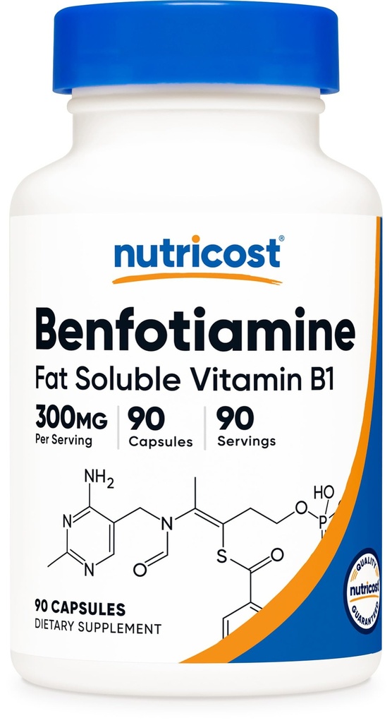 Nutricost Benfotiamine 300mg, 90 κάψουλες - Χωρίς γλουτένη, μη ΓΤΟ, και φιλικό προς τους χορτοφάγους λίπος διαλυτή βιταμίνη Β1