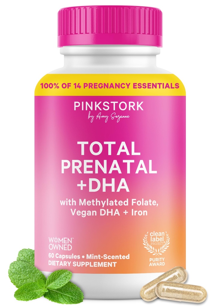 Pink Stork Total Προγεννητικές Βιταμίνες με DHA, Folate, Σίδερο, Χολίνη, και βιταμίνη Β12 - Πρόληψη Διατροφή - Προγεννητικά για τις γυναίκες, Απαραίτητα Εγκυμοσύνη - Μέντα Essence, 60 κάψουλες, 1 μήνας προσφοράς