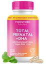 Pink Stork Total Προγεννητικές Βιταμίνες με DHA, Folate, Σίδερο, Χολίνη, και βιταμίνη Β12 - Πρόληψη Διατροφή - Προγεννητικά για τις γυναίκες, Απαραίτητα Εγκυμοσύνη - Μέντα Essence, 60 κάψουλες, 1 μήνας προσφοράς