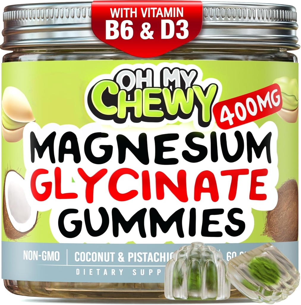 Κεντρο-γεμισμένο Μαγνήσιο Γλυκινικό Gummies 400MG - Υψηλή απορρόφηση για παιδιά, εφήβους & ενήλικες - Συμπλήρωμα για ύπνο, ηρεμία & μυϊκή χαλάρωση με B6 & D3 - Χωρίς γλουτένη & Vegan Friendly - 60 Count