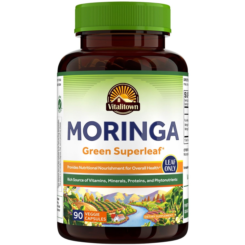 Vitalitown Moringa Κάψουλες 11.000 MG, Pure Moringa Oleifera Φύλλα, Χωρίς ραβδιά, Χωρίς καφεΐνη, Ενέργεια, Ανοσοποιητικό, 90 Κάψουλες