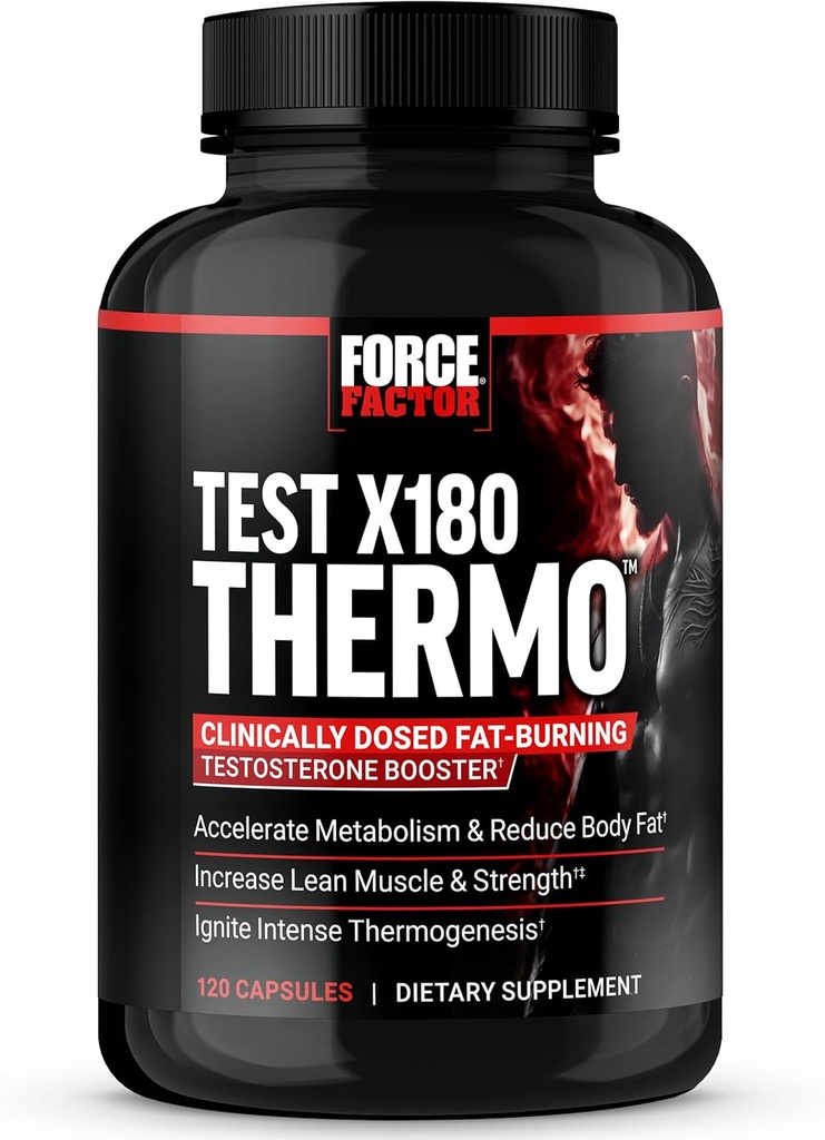 FORCE FACTOR Test X180 Thermo Testosterone Supplement and Fat Burner for Men to Accelerate Metabolism, Reduce Body Fat, Build Lean Muscle, and Increase Thermogenesis, 120 Capsules