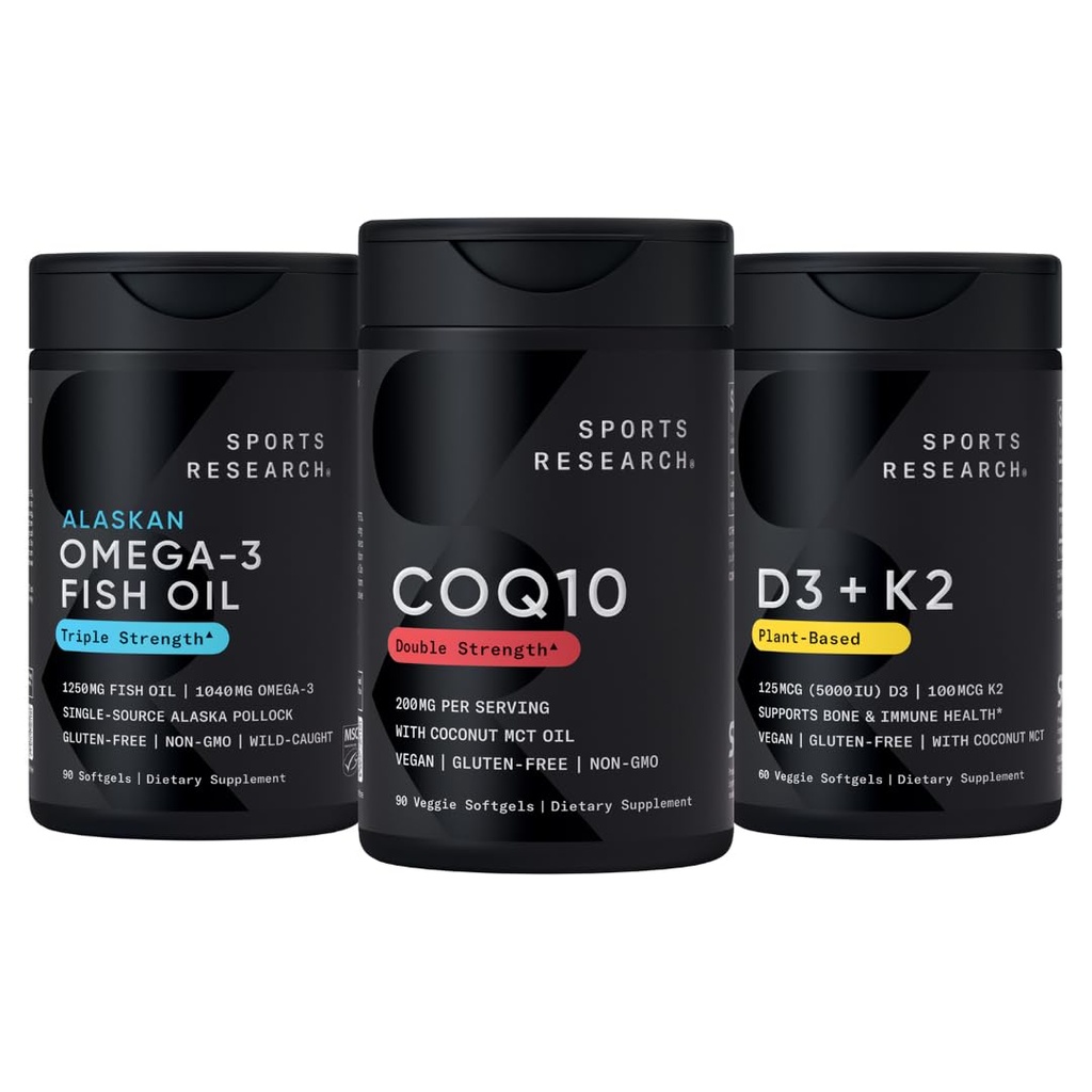Sports Research 1250 mg Ωμέγα 3 Burpless Fish Oil από Ενιαίας Πηγής Wild Alaska Pollock, CoQ10 (200mg) Enhanced w/Coconut MCT Λάδι για καλύτερη απορρόφηση και 5000iu βιταμίνη D με 100mcg Mk7 βιταμίνη K