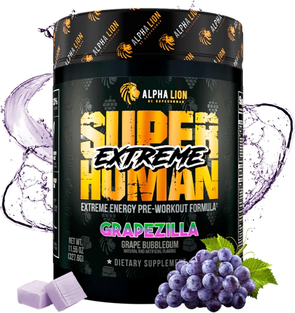 ALPHA LION Superhuman Extreme High Stim Pre Workout Powder, Beta Alanine, L-Taurine & 356mg Tri-Πηγή καφεΐνη για Παρατεταμένη Ενέργεια, Nitric Oxide & Κιτρουλίνη για Αντλία (21 Σερβιέτες, Γεύσεις Σταφυλιού)