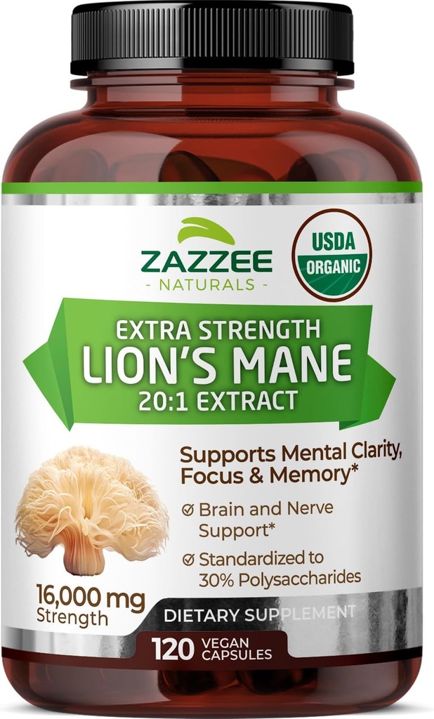 Zazzee USDA Organic Lion's Mane 20:1 Extract, 30% Πολυσακχαρίτες, 16.000 mg Δύναμη, 120 Vegan Κάψουλες, Nootropic για Εγκεφαλική Υγεία, Εστίαση, Μνήμη, Συγκέντρωση και Ανοσολογική Υποστήριξη, Κατασκευασμένο στις ΗΠΑ